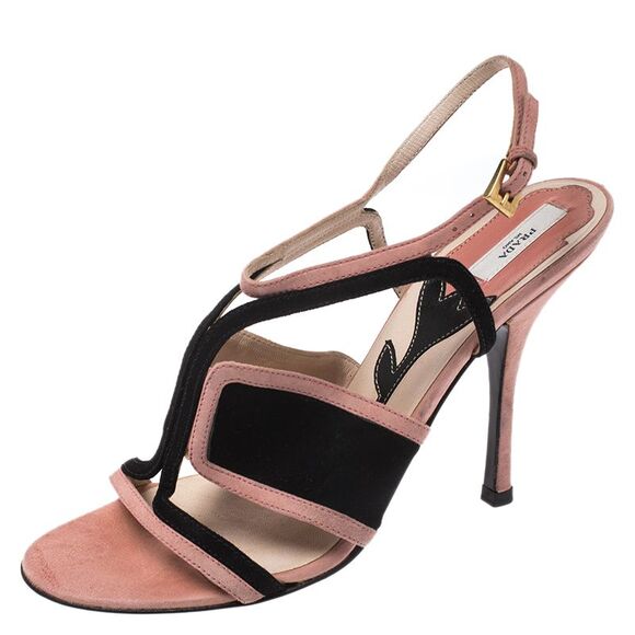 Prada Pink/Black Cut Out Suede Open Toe Ankle Strap Sandals Size 36.5 - Picture 1 of 4